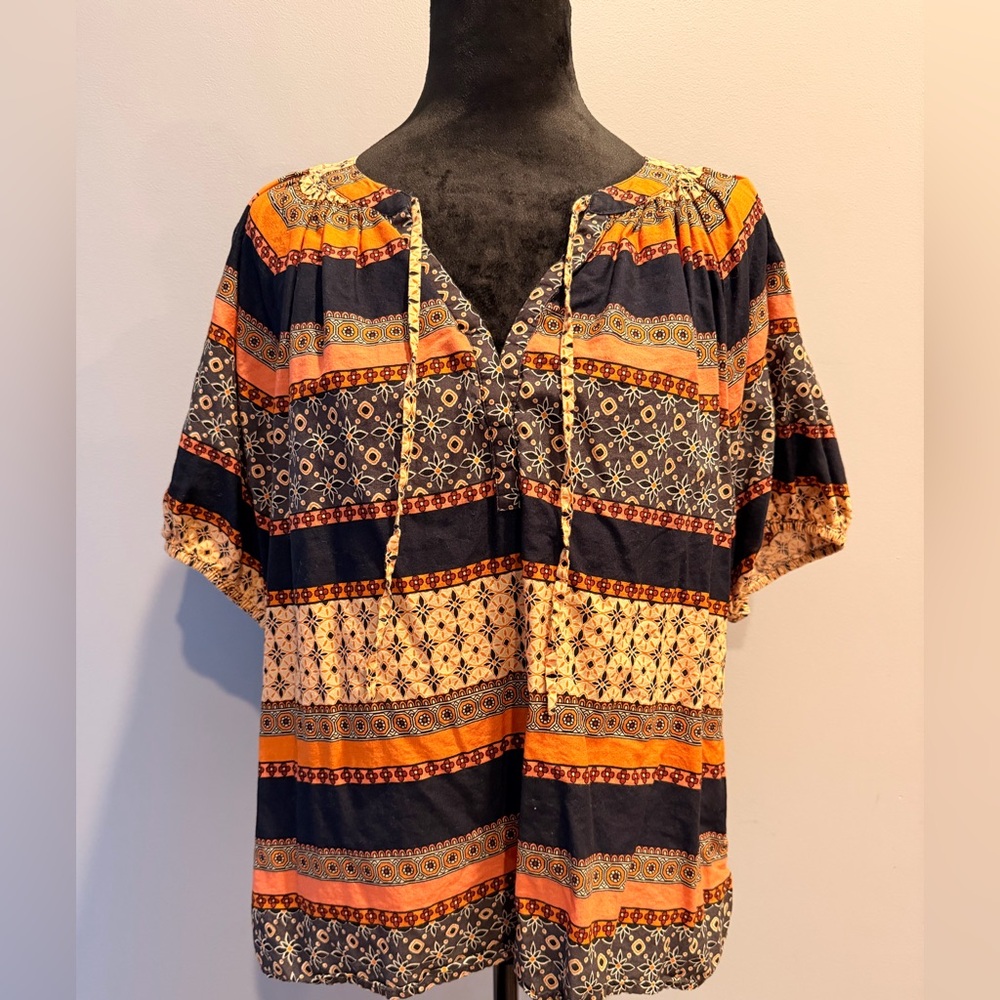 LOFT Geometric Blouse with Orange and Navy Accents